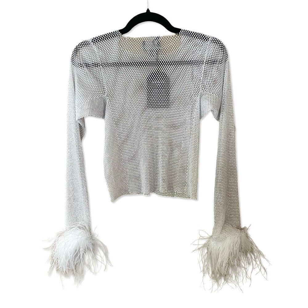 Santa Brands Feather Trim Crystal Top Mesh White Sheer Party Resort Revolve Nwt — image 7 of 8